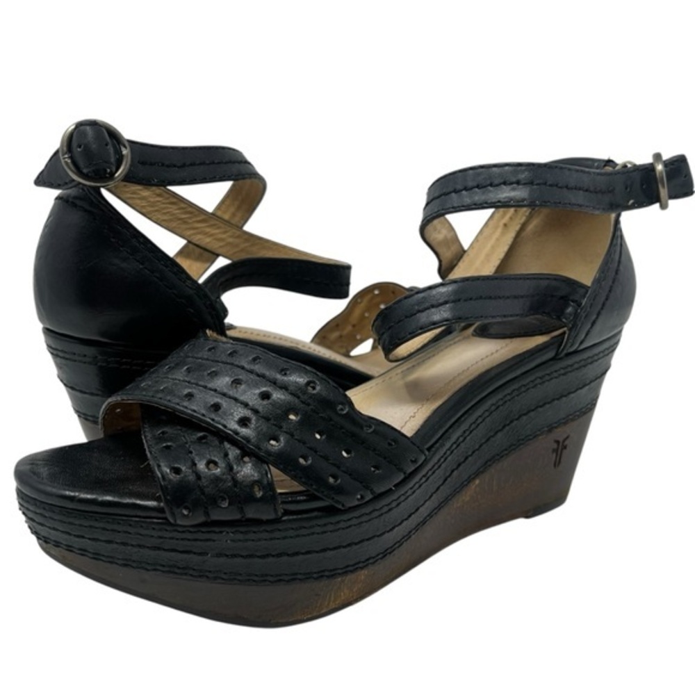 Frye Black Leather Wedge Sandals
